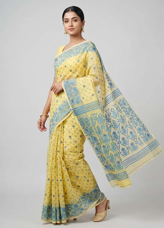 Cream Jamdani Cotton Saree Without Blouse Piece One Size