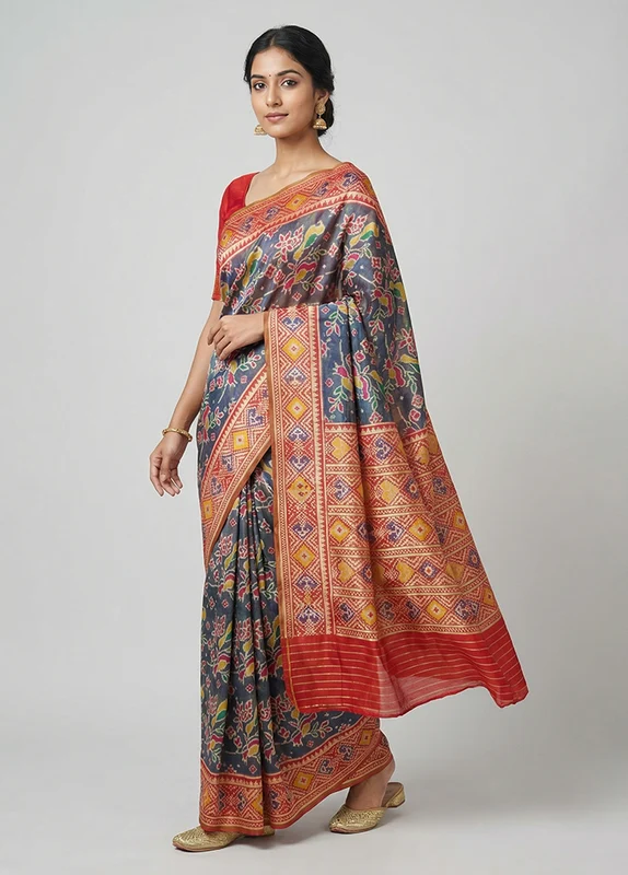 Multicolor Dupion Silk Saree With Blouse Piece One Size