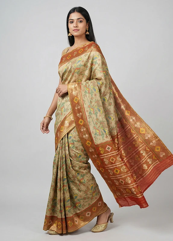 Multicolor Dupion Silk Saree With Blouse Piece One Size