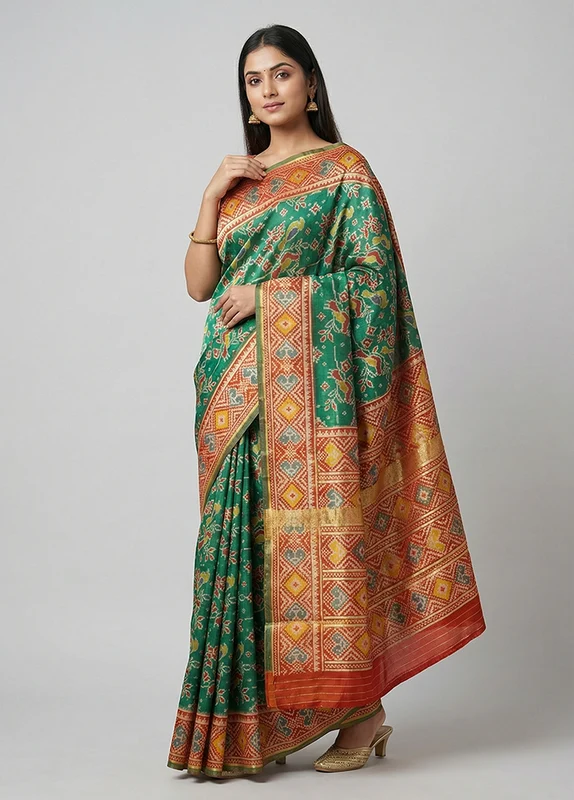 Multicolor Dupion Silk Saree With Blouse Piece One Size