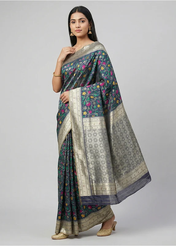 Multicolor Dupion Silk Saree With Blouse Piece One Size