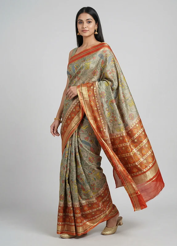 Multicolor Dupion Silk Saree With Blouse Piece One Size