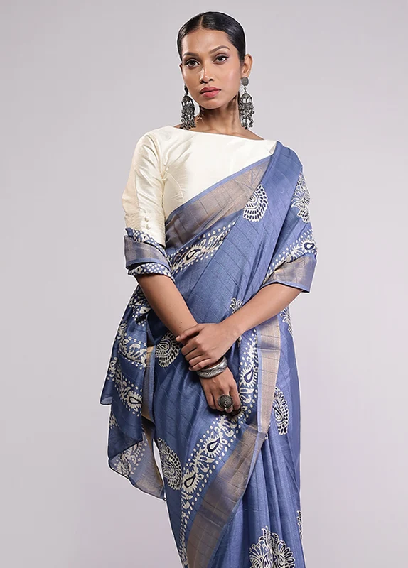 Blue Dupion Silk Saree With Blouse Piece One Size