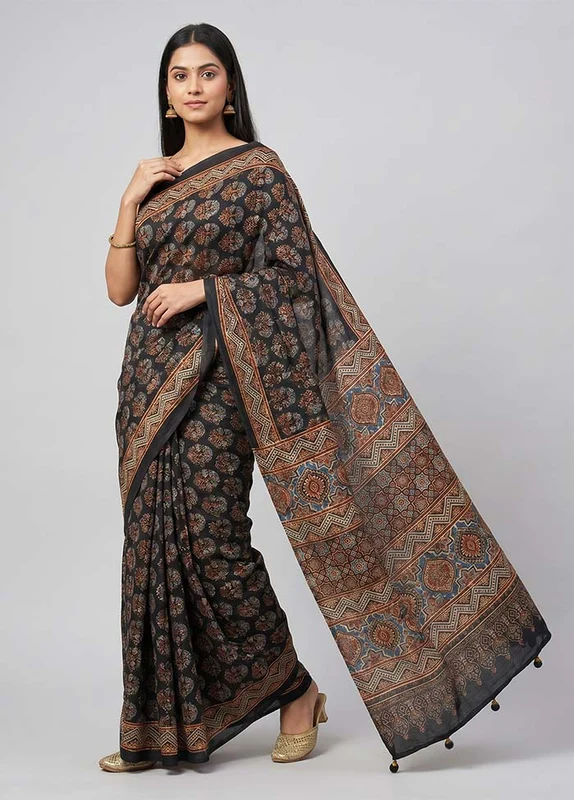 Black Modal Silk Saree Without Blouse Piece One Size