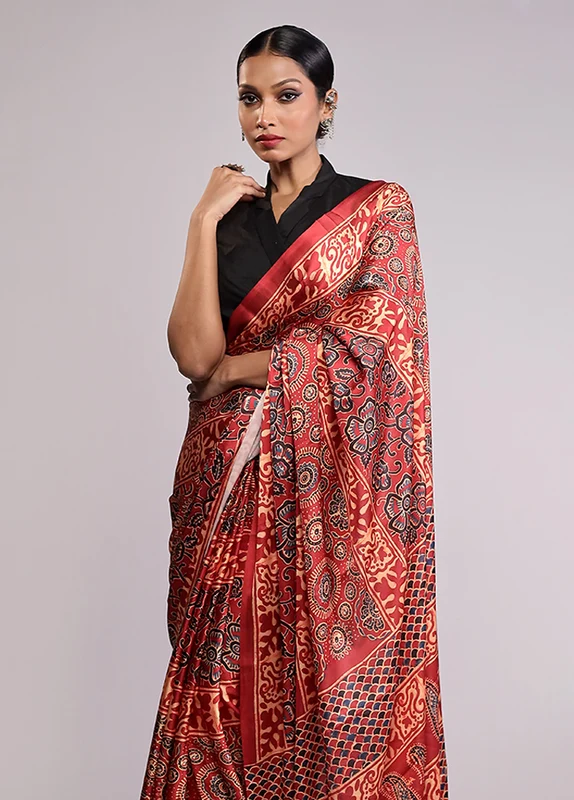 Maroon Modal Silk Saree With Blouse Piece One Size