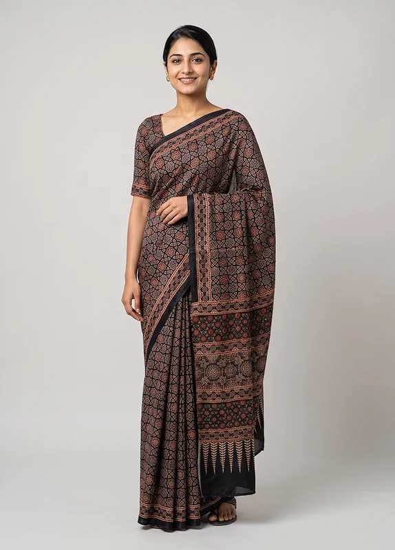 Black Modal Silk Saree Without Blouse Piece One Size