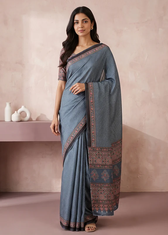Blue Modal Silk Saree Without Blouse Piece One Size