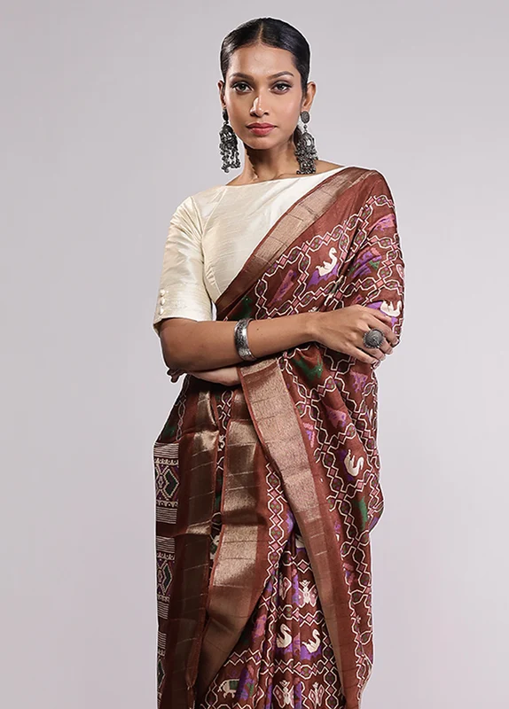 Brown Dupion Silk Saree With Blouse Piece One Size