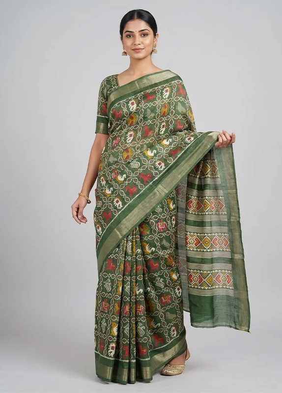 Green Dupion Silk Saree With Blouse Piece One Size