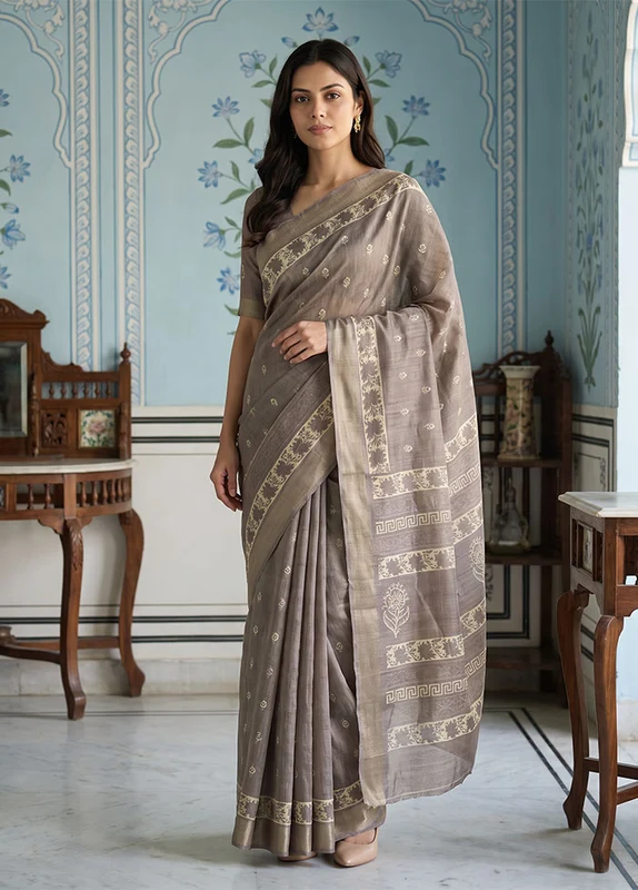 Cream Dupion Silk Saree With Blouse Piece One Size