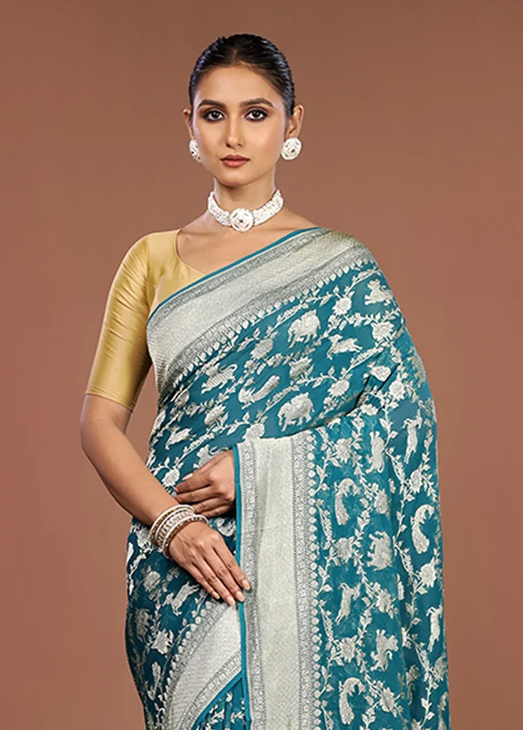 Green Handloom Pure Georgette Saree With Blouse Piece One Size