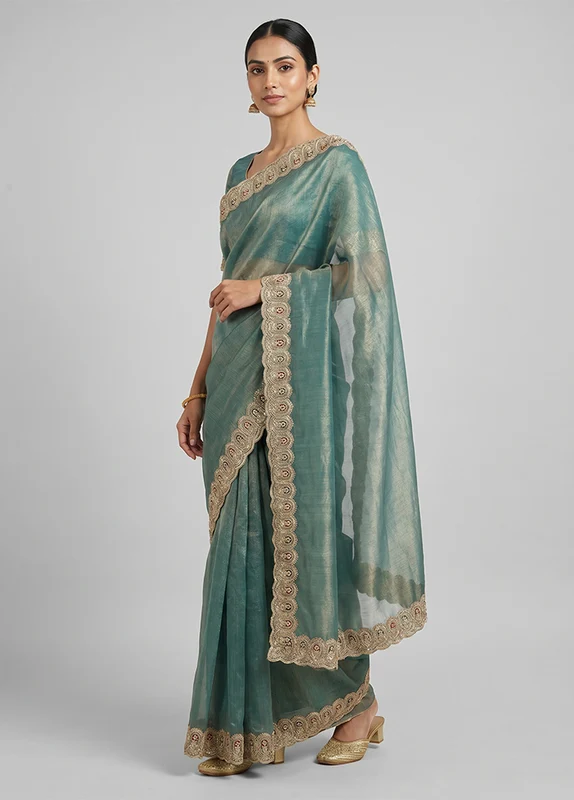 Green Tissue Silk Saree With Blouse Piece One Size