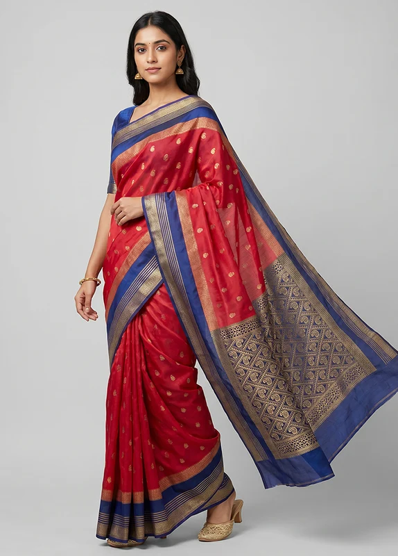 Red Kanjivaram Silk Saree With Blouse Piece One Size