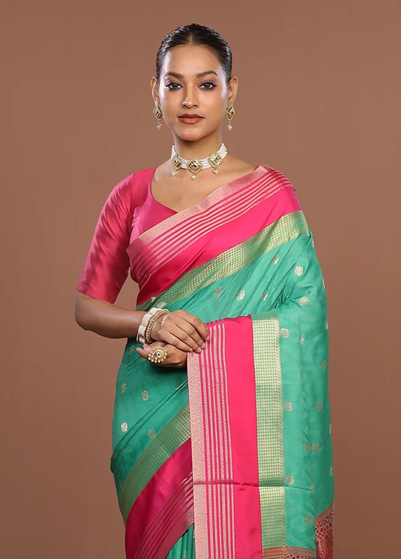 Green Kanjivaram Silk Saree With Blouse Piece One Size