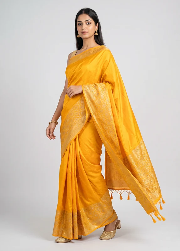 Yellow Dupion Silk Saree With Blouse Piece One Size