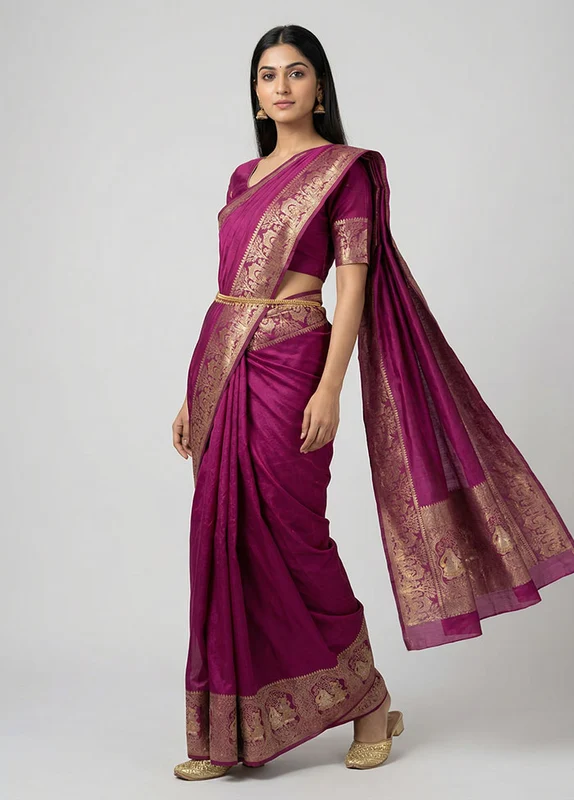 Purple Dupion Silk Saree With Blouse Piece One Size