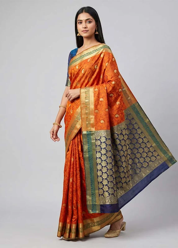 Rust Kanjivaram Silk Saree With Blouse Piece One Size