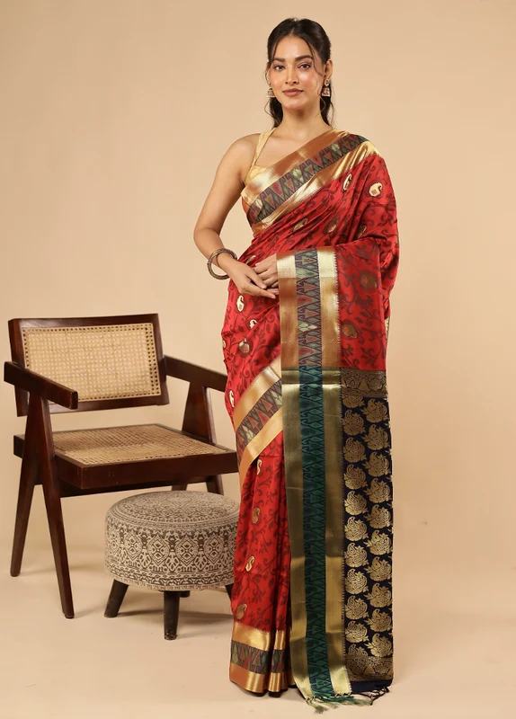 Pink Kanjivaram Silk Saree With Blouse Piece One Size