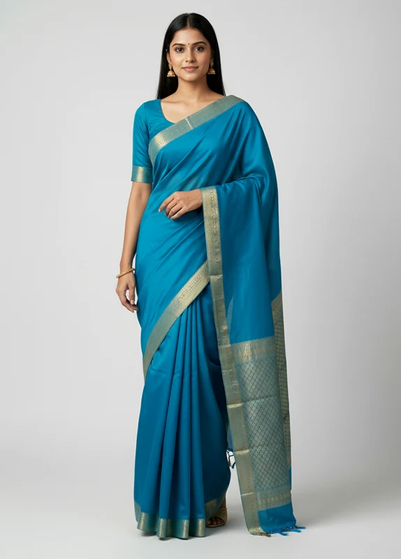Blue Handloom Kanjivaram Pure Silk Saree With Blouse Piece One Size
