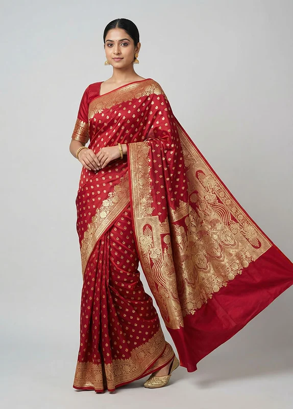 Red Banarasi Silk Saree With Blouse Piece One Size