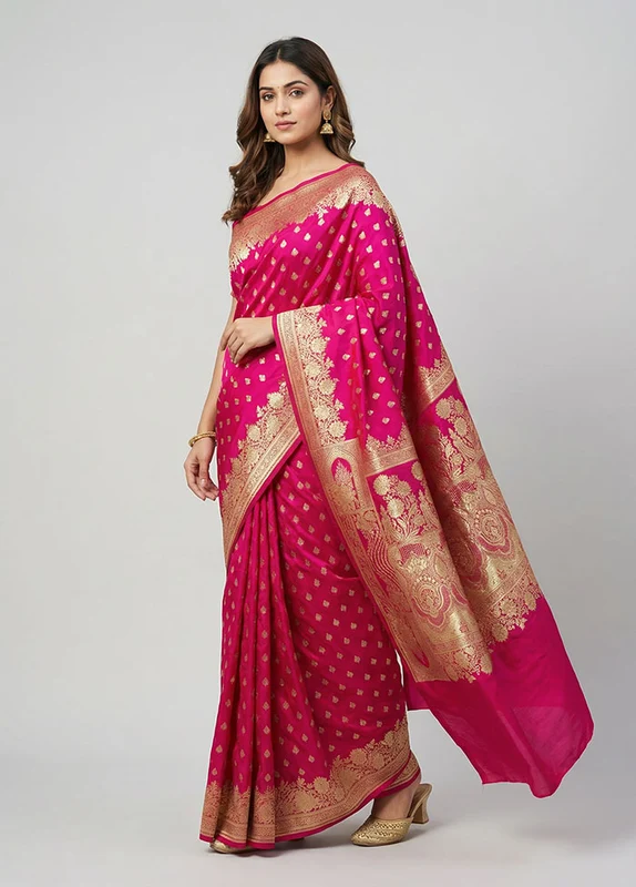 Pink Banarasi Silk Saree With Blouse Piece One Size