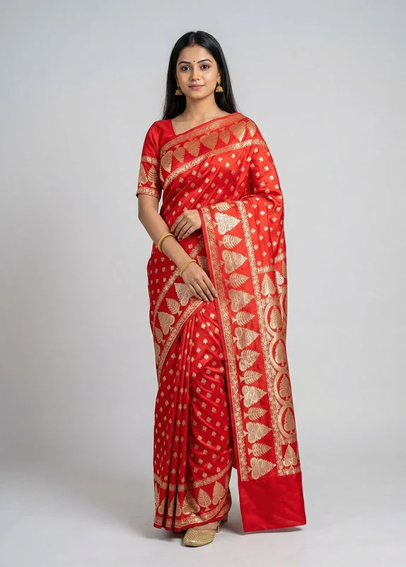 Red Banarasi Silk Saree With Blouse Piece One Size