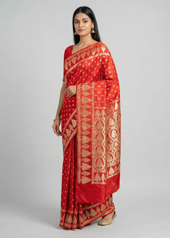 Red Banarasi Silk Saree With Blouse Piece One Size