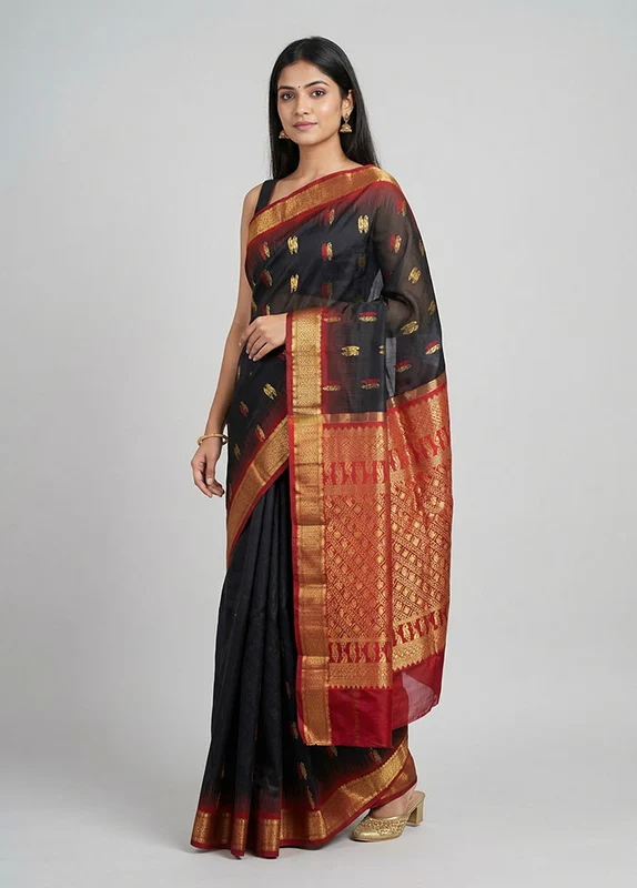 Black Handloom Kanjivaram Pure Silk Saree With Blouse Piece One Size