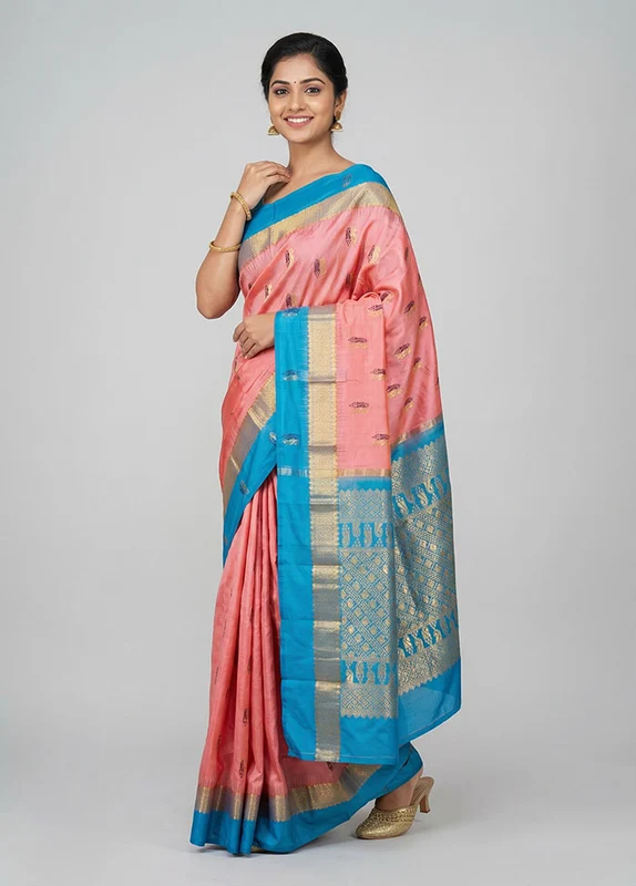 Pink Handloom Kanjivaram Pure Silk Saree With Blouse Piece One Size