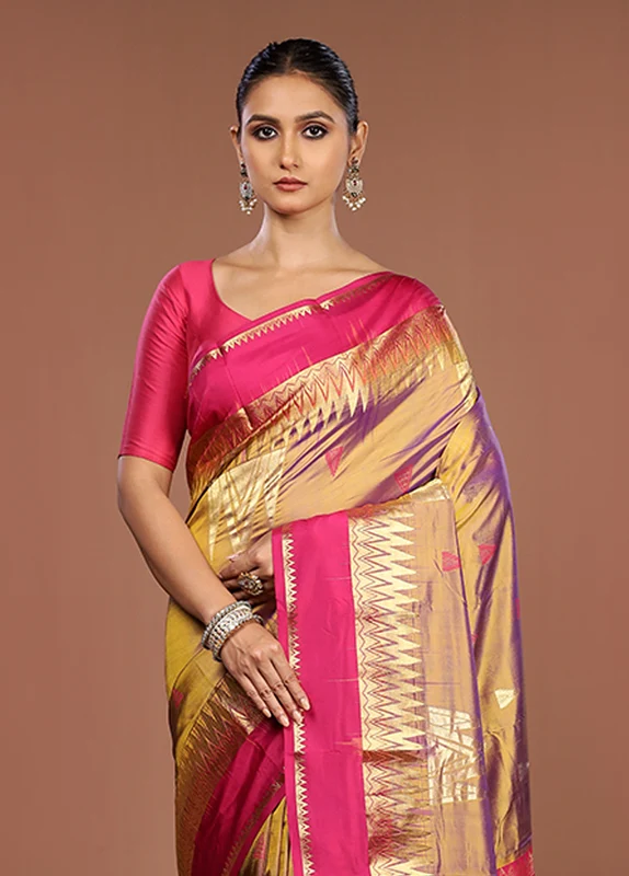 Purple Handloom Kanjivaram Pure Silk Saree With Blouse Piece One Size