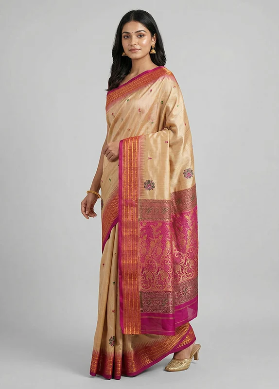 Cream Handloom Bomkai Pure Silk Saree With Blouse Piece One Size