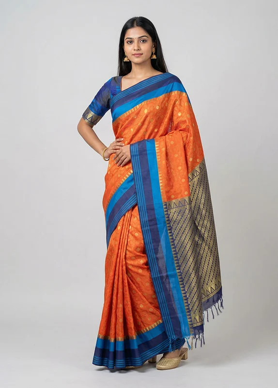 Orange Kanjivaram Silk Saree With Blouse Piece One Size