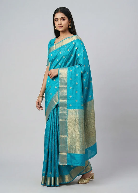 Blue Handloom Kanjivaram Pure Silk Saree With Blouse Piece One Size