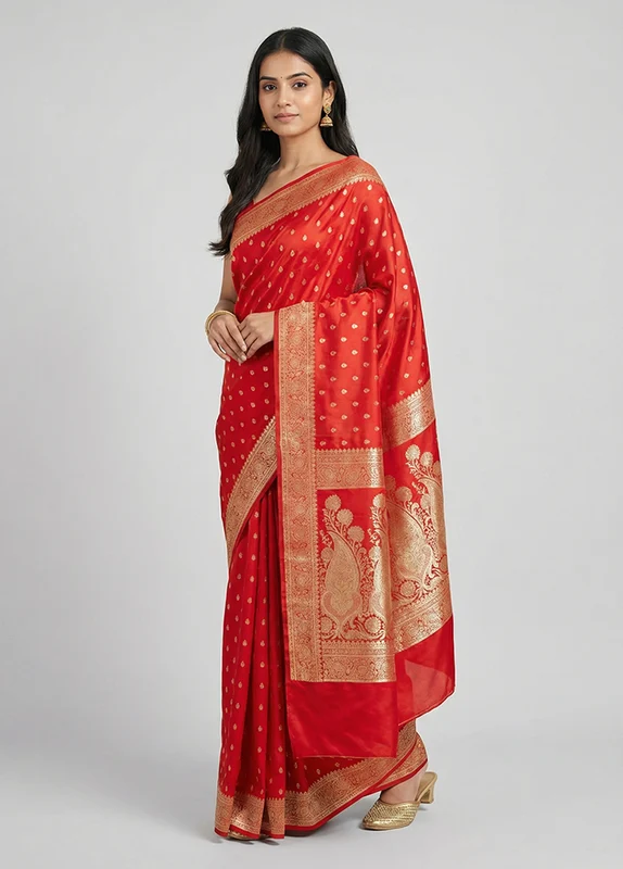 Red Banarasi Silk Saree With Blouse Piece One Size