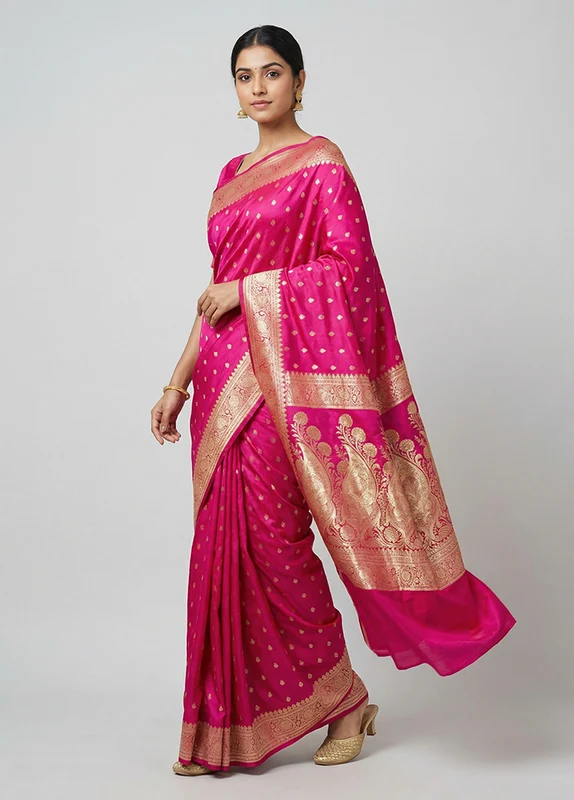 Pink Banarasi Silk Saree With Blouse Piece One Size
