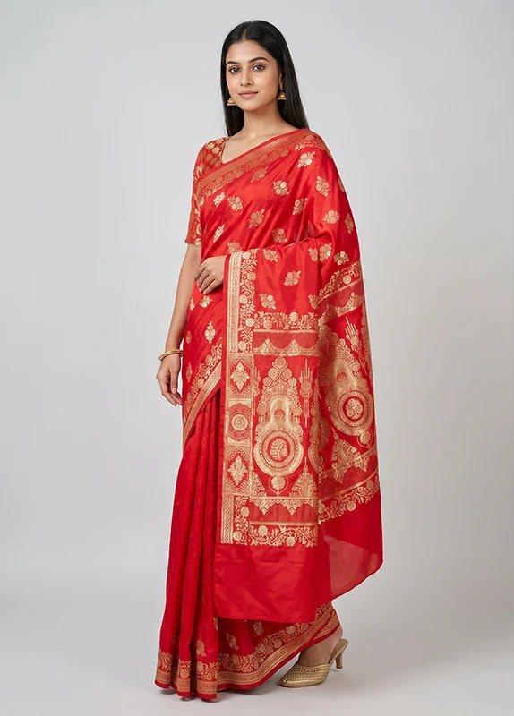 Red Banarasi Silk Saree With Blouse Piece One Size