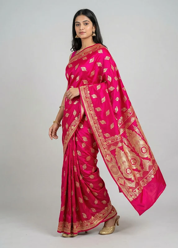 Pink Banarasi Silk Saree With Blouse Piece One Size