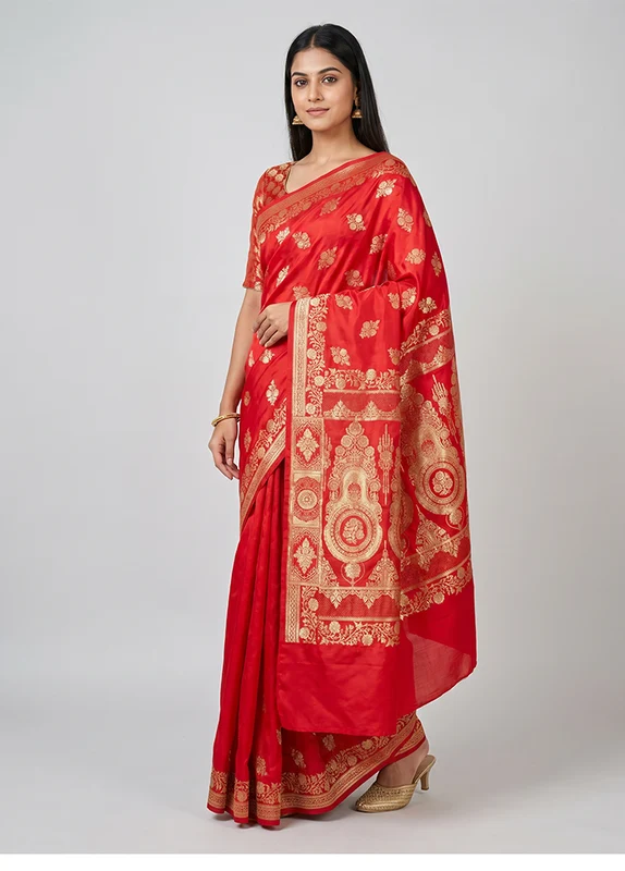 Pink Banarasi Silk Saree With Blouse Piece One Size