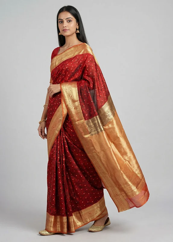 Maroon Handloom Kanchipuram Pure Silk Saree With Blouse Piece One Size