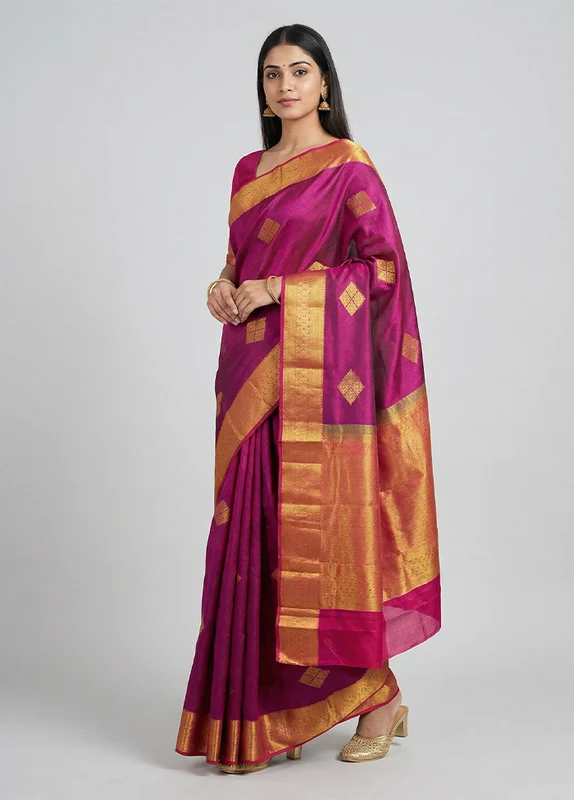 Purple Handloom Kanchipuram Pure Silk Saree With Blouse Piece One Size