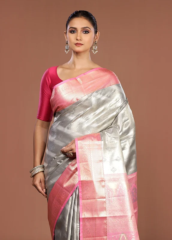 Grey Kanjivaram Silk Saree With Blouse Piece One Size