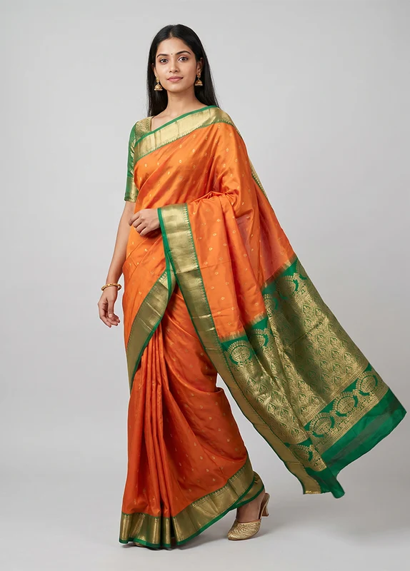 Rust Kanjivaram Silk Saree With Blouse Piece One Size