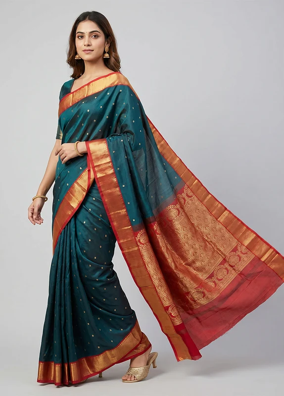 Green Kanjivaram Silk Saree With Blouse Piece One Size