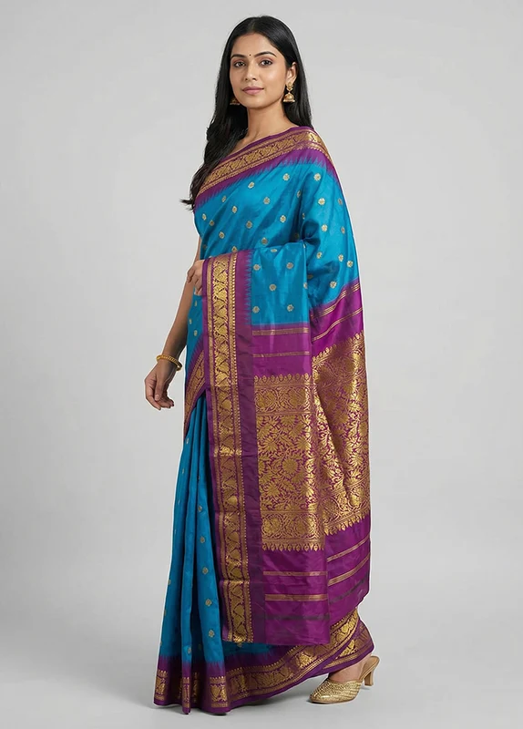 Blue Kanjivaram Silk Saree With Blouse Piece One Size