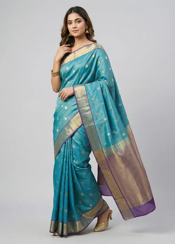 Green Kanjivaram Silk Saree With Blouse Piece One Size