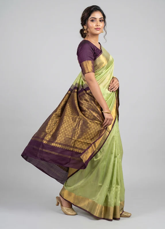 Green Handloom Kanchipuram Pure Silk Saree With Blouse Piece One Size