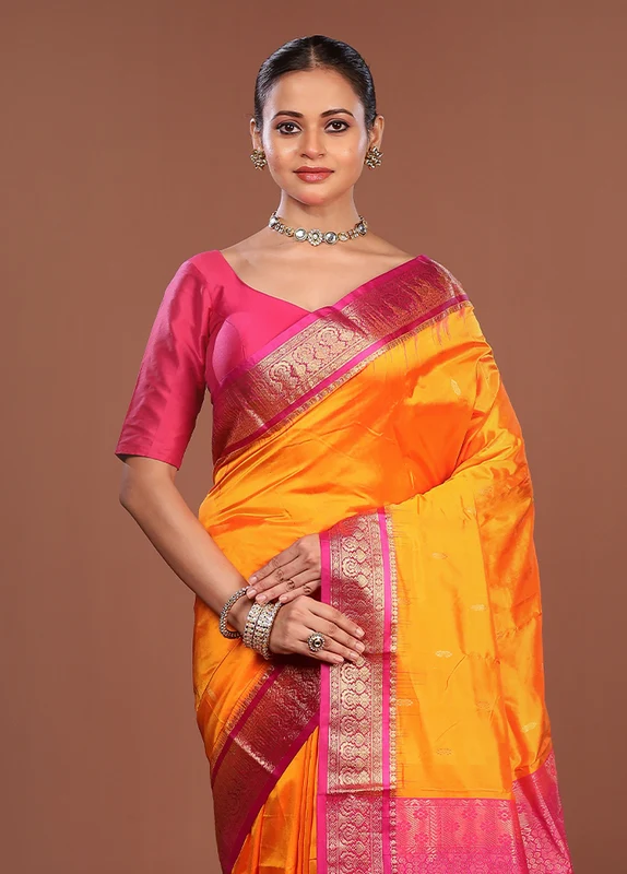 Orange Handloom Kanjivaram Pure Silk Saree With Blouse Piece One Size