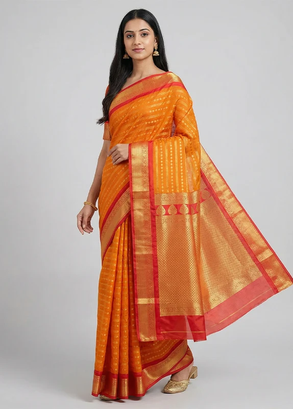 Orange Kanjivaram Silk Saree With Blouse Piece One Size