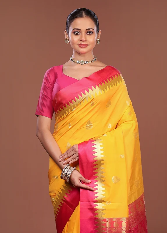 Yellow Kanjivaram Silk Saree With Blouse Piece One Size