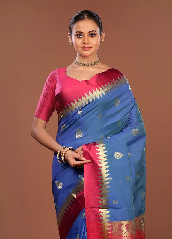 Blue Kanjivaram Silk Saree With Blouse Piece One Size